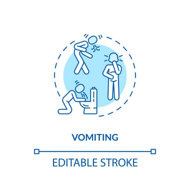 Kusan turkuaz konsept ikonu. İnsan tuvalette kusuyor. Hazımsızlık çeken bir hasta. Rotavirüs semptomu ince çizgi çizimi. Vektör izole edilmiş RGB renk çizimi. Düzenlenebilir vuruş