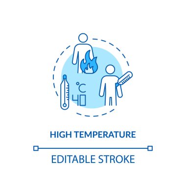 Yüksek vücut ısısı turkuaz konsept ikonu. Ateşi olan hasta biri. Grip enfeksiyonu. Rotavirüs semptomu ince çizgi çizimi. Vektör izole edilmiş RGB renk çizimi. Düzenlenebilir vuruş