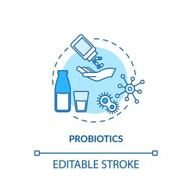 Probiyotik turkuaz konsept ikonu. Bağırsak florası için iyi bir bakteri. Rotavirüs fikrine yardım etmek için gıda takviyesi. Vektör izole edilmiş RGB renk çizimi. Düzenlenebilir vuruş