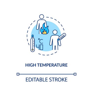 Yüksek vücut sıcaklığı konsepti ikonu. Ateşi olan hasta biri. Grip enfeksiyonu işareti. Rotavirüs semptomu ince çizgi çizimi. Vektör izole edilmiş RGB renk çizimi. Düzenlenebilir vuruş