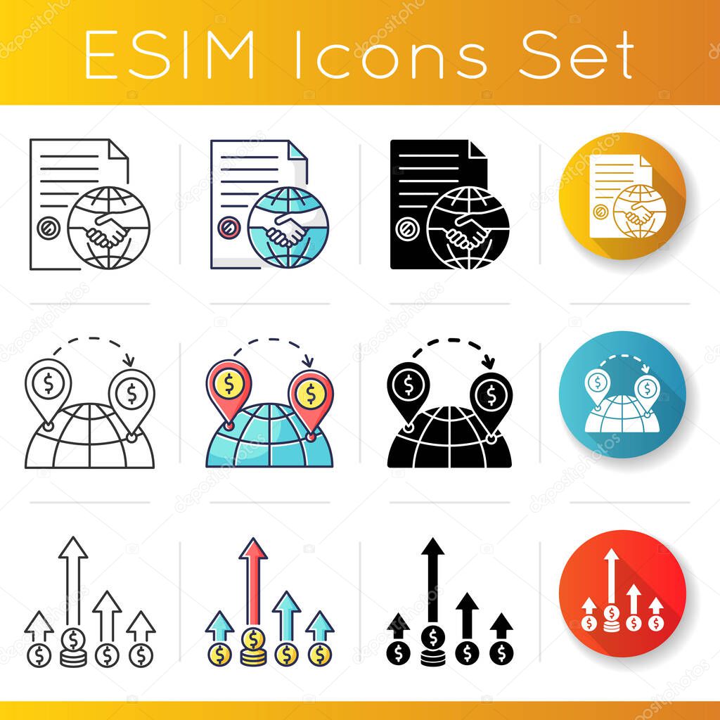 Global trade icons set. World economics, competitive edge and foreign direct investment. International trade agreement. Linear, black and RGB color styles. Isolated vector illustrations