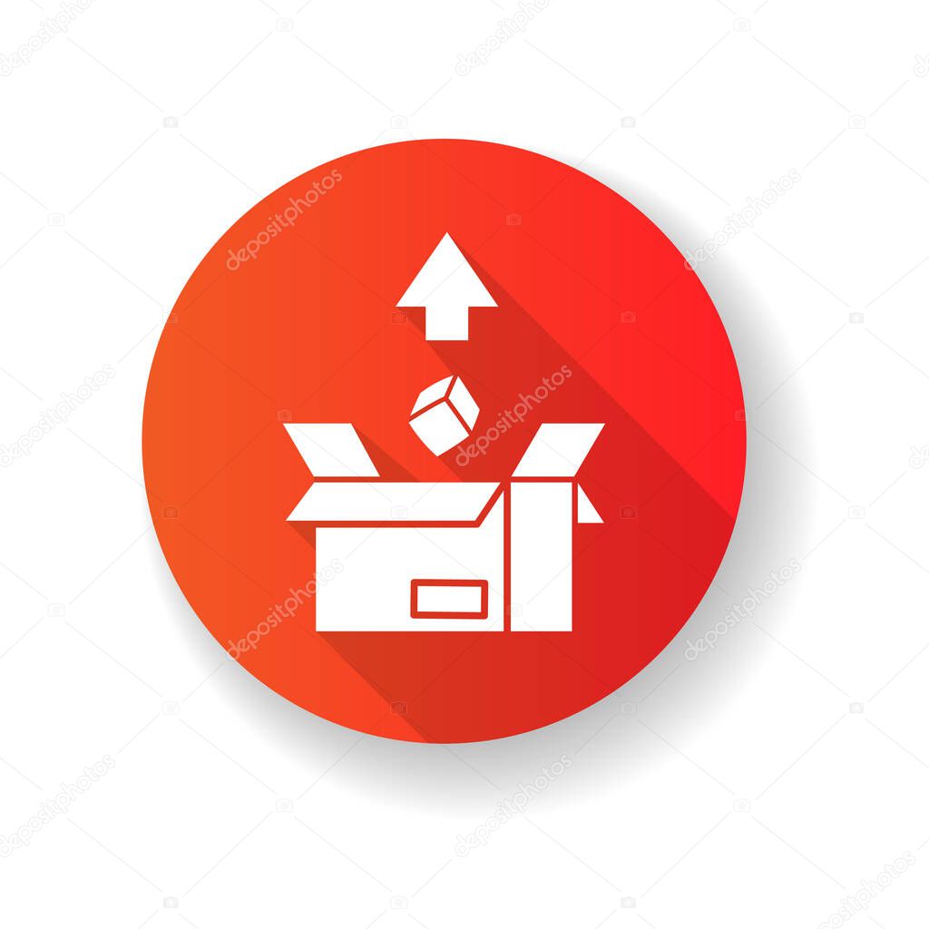 Export red flat design long shadow glyph icon. Merchandise in cardboard box. Mail, logistics, parcel sending. Commerce, international delivery service. Silhouette RGB color illustration