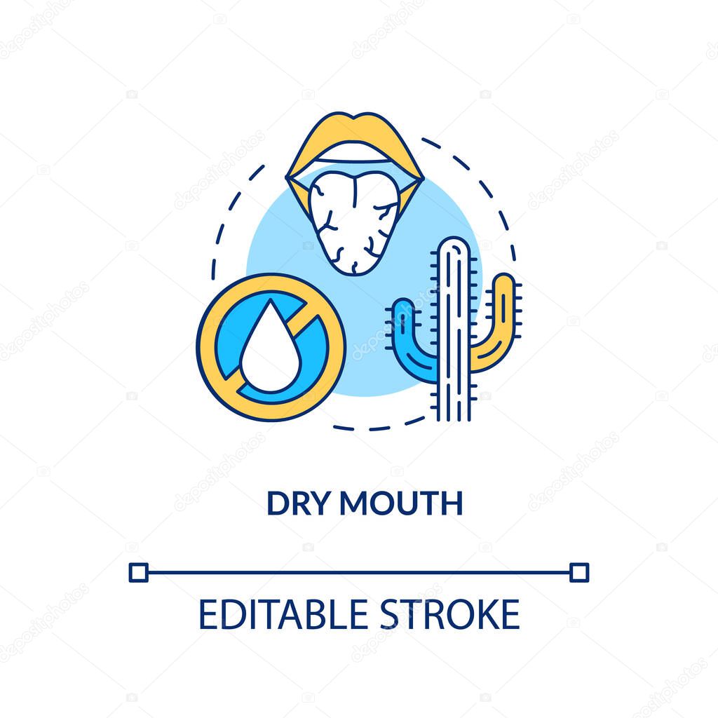 Dry mouth concept icon. Dehydration sign. Oral problem. Sore throat. Lack of saliva on tongue. Rotavirus symptom idea thin line illustration. Vector isolated outline RGB color drawing. Editable stroke