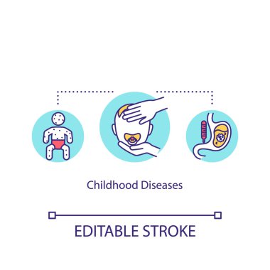 Çocukluk hastalıkları konsept ikonu. Rotavirüs enfeksiyonu, suçiçeği belirtileri. Yaygın çocuk hastalıkları ince çizgiler çizer. Vektör izole edilmiş RGB renk çizimi. Düzenlenebilir vuruş