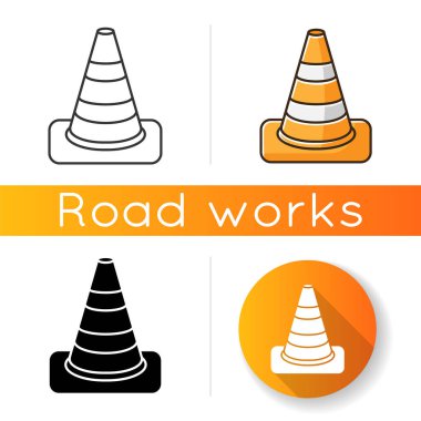 Trafik konisi simgesi. Yol çalışması uyarısı. İnşaat uyarısı için yaya işareti. Yeniden yapılanma bloğu. Kapalı alan sınırı. Lineer siyah ve RGB renk stilleri. İzole vektör çizimleri