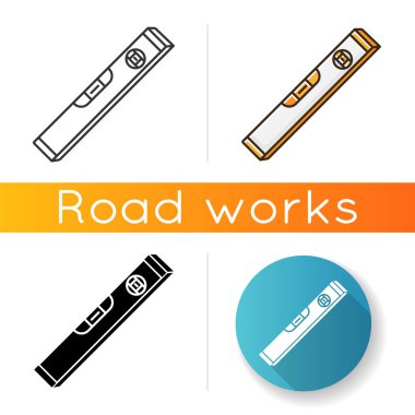 Waterpass ikonu. Doğruluk yüzey seviyesini ölçmek için inşa aracı. İnşaatın hassasiyetini belirlemek için marangoz aleti. Lineer siyah ve RGB renk stilleri. İzole vektör çizimleri