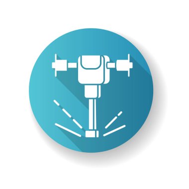 Yol çalışması delgisi mavi düz dizayn uzun gölge simgesi. İnşaat ve yıkım aracı. Yüzeyde basınçlı matkap. İşçi donanımı. Siluet RGB renk çizimi