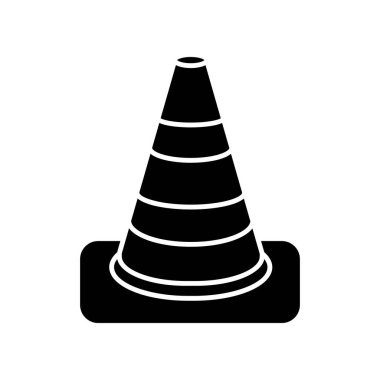 Trafik konisi siyah kabartma simgesi. Yol çalışması uyarısı. Uyarı için yaya işareti. Yeniden yapılanma bloğu. Kapalı alan sınırı. Beyaz uzayda siluet sembolü. Vektör izole illüstrasyonu