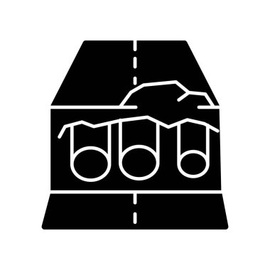 Boru yerine siyah kabartma simgesi. Sızıntıyı onarmak için boru kurulumu. Yol inşaatta çalışıyor. İnşaat mühendisliği siperi. Beyaz uzayda siluet sembolü. Vektör izole illüstrasyonu