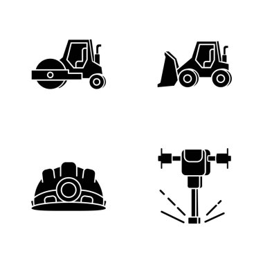 Yol beyaz uzaya dizilmiş siyah kabartma simgeleri ile çalışır. İnşaat işleri için buldozer. Döşeme için paten. Asfalt seriyorum. İnşaat malzemeleri. Siluet sembolleri. Vektör izole illüstrasyonu