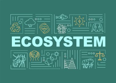 Ekosistem, biyolojik çeşitlilik kelimesi afişi kavramlaştırır. Doğa, yaşayan organizmalar topluluğu. Yeşil arkaplanda doğrusal simgeleri olan bilgi grafikleri. İzole tipografi. Vektör çizgisi RGB renk çizimi