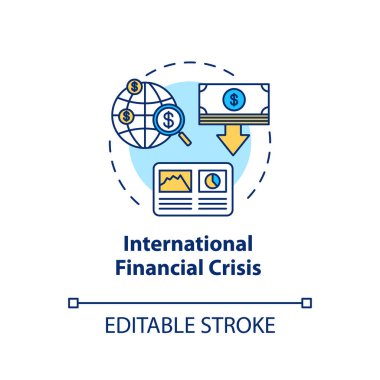 Uluslararası finansal kriz konsepti ikonu. Küresel ekonomik acil durum, dünya çapında borsa çöküşü fikri ince çizgi çizimi. Vektör izole edilmiş RGB renk çizimi. Düzenlenebilir vuruş