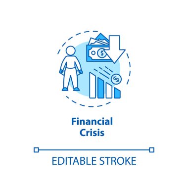Finansal kriz konsepti ikonu. Uluslararası borsa çöküşü, küresel ekonomik acil durum fikri ince çizgi çizimi. Döviz piyasasında durgunluk. Vektör izole edilmiş RGB renk çizimi. Düzenlenebilir vuruş