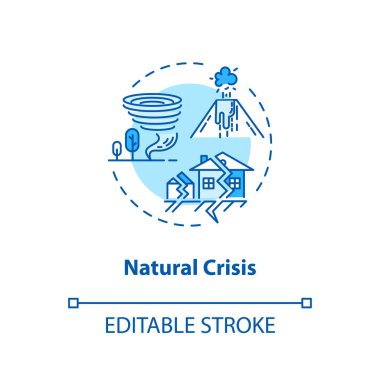 Doğal kriz konsepti ikonu. Çevresel sorunlar, ekolojik felaket fikri ince çizgi çizimi. Kasırga, deprem, volkan patlaması. Vektör izole edilmiş RGB renk çizimi. Düzenlenebilir vuruş