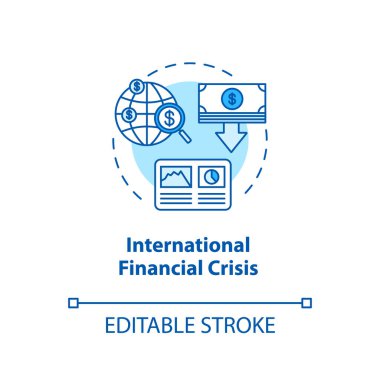 Uluslararası finansal kriz konsepti ikonu. Küresel ekonomik acil durum, dünya çapında borsa çöküşü fikri ince çizgi çizimi. Vektör izole edilmiş RGB renk çizimi. Düzenlenebilir vuruş