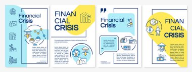 Finansal kriz broşürü. Ekonomik problem, döviz düşüşü broşürü, broşür, broşür baskısı, doğrusal simgeli kapak tasarımı. Dergiler için vektör planları, yıllık raporlar, reklam posterleri