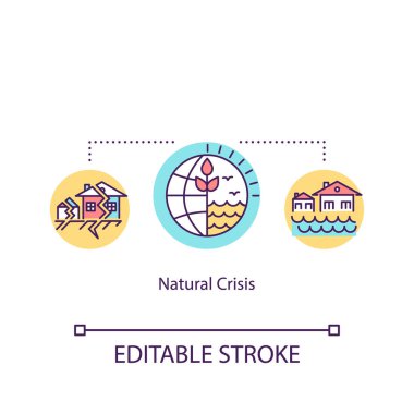 Doğal kriz konsepti ikonu. Çevresel acil durumlar ve felaketler ince çizgili çizgiler çiziyor. İklim değişikliği, sel ve deprem. Vektör izole edilmiş RGB renk çizimi. Düzenlenebilir vuruş