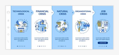 Kriz tipleri vektör şablonunda. Finansal, doğal, teknolojik ve organizasyonel acil durumlar. Simgeli ilgili mobil web sitesi. Web sayfası basamak ekranları. RGB renk kavramı