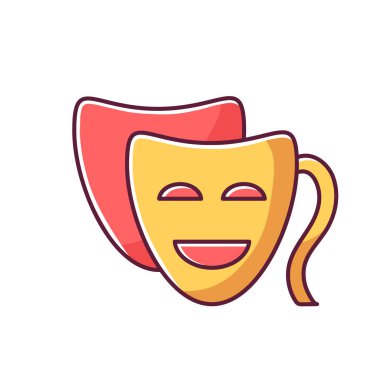 Komedi RGB renk simgesi. Komik film, komik film, klasik tiyatro. Popüler film yapma tarzı, eğlenceli sinematografi. Komedi maskesi izole edilmiş vektör çizimi