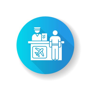 Havaalanı bilgi masası mavi düz tasarım uzun gölge simgesi. Uçak yolcuları için kayıt masası. Uçuş bilgilerini sağlamak için yardım masası. Siluet RGB renk çizimi