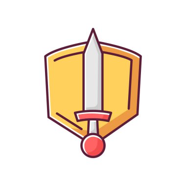 Tarih destanı RGB renk simgesi. Yaygın film türü, film yapma kategorisi. Ortaçağ macera, fantezi kurgu. Kılıç ve kalkan izole vektör çizimi