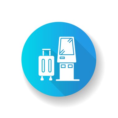 Büfe mavisi düz tasarım uzun gölge simgesini kontrol edin. Otomatik servis terminali. Bagajları kontrol ettim. Bagaj için panel makinesi. Uçuş öncesi bavulları onayla. Siluet RGB renk çizimi