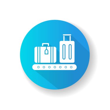 Taşıyıcı banttaki bagaj yeşil düz dizayn uzun gölge glyph simgesi. Atlıkarıncada etiketli bir bavul. Uçak uçuşundan kalma kayıp bavullar. Yolcu çantaları. Siluet RGB renk çizimi