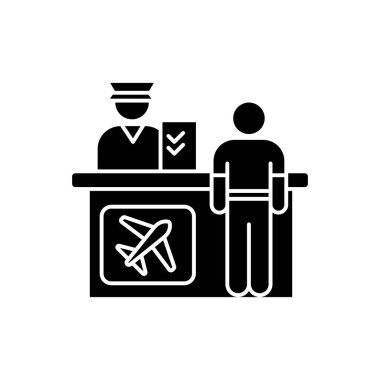 Havaalanı bilgi masası düz tasarım uzun gölge simgesi. Uçak yolcuları için kayıt masası. Bilgi edinmek için yardım masası. Beyaz uzayda siluet sembolü. Vektör izole illüstrasyonu