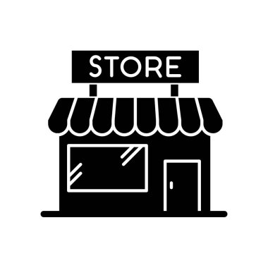 Marketin düz dizaynlı uzun gölge simgesi. Marketin dış tarafında. Perakende sektöründe küçük bir iş. Tenteli gümrüksüz alışveriş merkezi. Beyaz uzayda siluet sembolü. Vektör izole illüstrasyonu
