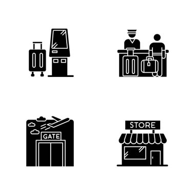 Havaalanı terminali siyah kabartma simgeleri beyaz alana ayarlandı. Kontrol etmek için self servis büfesi. - Kayıt masası. Kapı penceresi. Uçak kalkıyor. Siluet sembolleri. Vektör izole illüstrasyonu