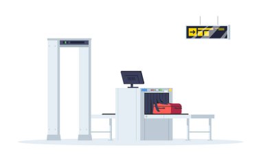 Sınır denetimi yarı düz RGB renk çizimi. Havaalanı terminalindeki kapıları kontrol edin. Kaçakçılık kontrolü. Bagaj bandı beyaz arkaplanda izole edilmiş çizgi film nesnesi