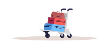 Yarı düz RGB renk illüstrasyonunda bagajlar. Tramvayda renkli bagaj yığını. Havaalanı nakliye hizmetleri. Bavulları teslim et. Çantalar beyaz arkaplanda izole edilmiş çizgi film nesnesi