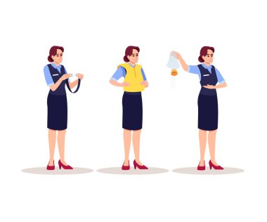 Stewardes acil durum talimatları yarı düz RGB renk çizimi seti. Kadın uçak görevlisi güvenlik kurallarını gösteriyor. Uçak personeli beyaz arka planda karikatür karakterini izole etti