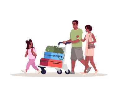 Havalimanı gelişi yarı düz RGB renk vektör çizimi. Kızı olan ebeveynler yük taşırlar. Afro-Amerikan ailesi tatile çıkıyor. Yolcular beyaz arkaplanda çizgi film karakterini izole ettiler