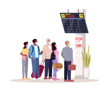 Havaalanı terminali lobisindeki kalabalık yarı düz RGB renk vektör çizimi. Uçak rötar yaptı. Uçuş iptal edildi. Tıbbi maskeli uçak yolcuları beyaz arka planda karikatür karakterlerini izole ettiler.