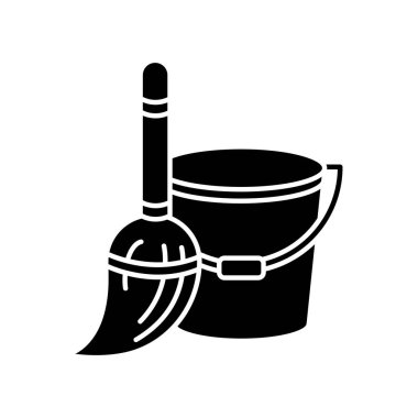 Ev işleri siyah kabartma simgesi. Paspas ve kova. Zemin zımbırtılarını temizliyorum. Bakım malzemesi. Ev işleri. Evi toparlamak için. Beyaz uzayda siluet sembolü. Vektör izole illüstrasyonu