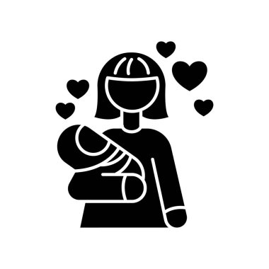 Bebek sever siyah kabartma simgesi. Ebeveynlik ve annelik. Bebek bakıcılığı için kadın. Anne ve oğul. Anne ve kızı. Yetiştiren ebeveyn. Beyaz uzayda siluet sembolü. Vektör izole illüstrasyonu