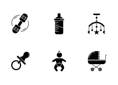 Bebek bakımı servisi siyah simge simgeleri beyaz alana dizildi. Bebekler için oyuncaklar. Yeni doğan yatak odası için dekorasyon. Emzik ve beslenme şişesi. Küçük bir çocuk. Siluet sembolleri. Vektör izole illüstrasyonu