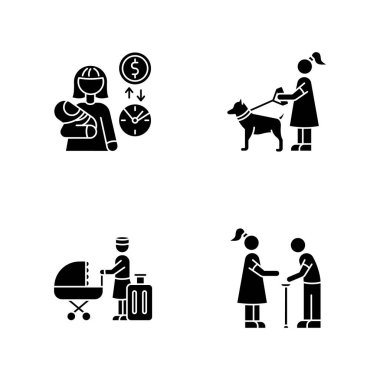 Beyaz uzaya dizilmiş siyah simge servis bakıcılığı simgeleri. Bebek bakıcısı maaşı. Hayvan bakıcılığı. Çocuklar için otel bakıcısı. Kıdemli yardım. Yaşlı adam. Siluet sembolleri. Vektör izole illüstrasyonu