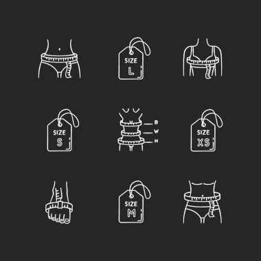 Female clothing sizes chalk white icons set on black background. Various women body parameters measurement for custom made apparel, bespoke tailoring. Isolated vector chalkboard illustrations clipart