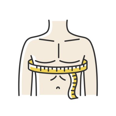 Göğüs çevresi RGB renk simgesi. Erkek üst vücut ölçüleri, terzilik parametreleri. Göğüs genişliği, özel dikim takım elbise için belirleniyor. İzole vektör illüstrasyonu