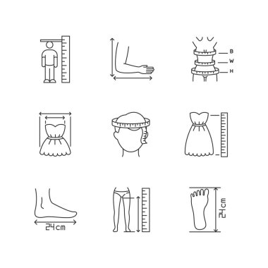Terzi ölçümleri piksel mükemmel doğrusal simgeler ayarlandı. Vücut ve ürün boyutları. Özel yapım elbiseler, kişiselleştirilebilir ince çizgi şekilleri. İzole vektör çizimi çizimleri. Düzenlenebilir vuruş