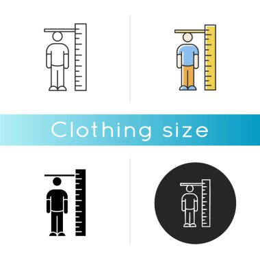 Yükseklik ölçüm simgesi. Lineer siyah ve RGB renk stilleri. Terzilik parametreleri, vücut geliştirme. İnsan beden ölçüsü saptaması. Devasa hükümdarın yanında duran kişi. İzole vektör çizimleri
