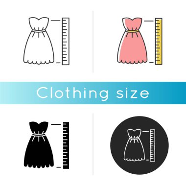 Ürün uzunluğu simgesi. Lineer siyah ve RGB renk stilleri. Elbise ölçüsü, terzilik parametreleri. Özel yapım kadın kıyafetleri için boy tanımlaması. İzole vektör çizimleri