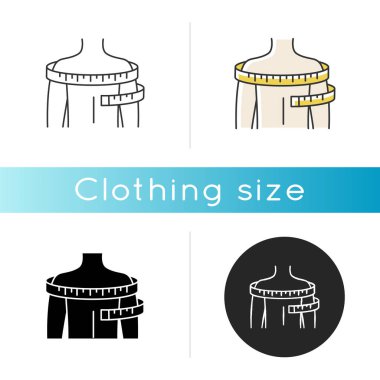 Omuz çevresi ikonu. Lineer siyah ve RGB renk stilleri. Giysi ölçüleri, terzilik. Özel dikim takım için üst vücut genişliği tanımlaması. İzole vektör çizimleri
