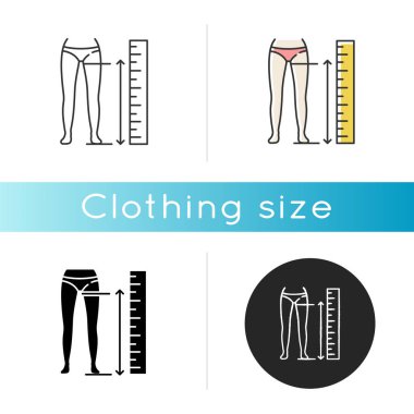 İç bacak uzunluğu simgesi. Lineer siyah ve RGB renk stilleri. İnsan vücut ölçüleri, terzilik. Giysi ölçüsü, özel dikim pantolon parametreleri. İzole vektör çizimleri