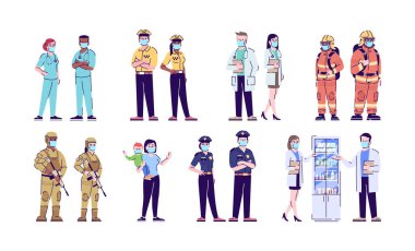 Coronavirus salgını düz vektör çizimleri ayarlandı. Cerrahi maskeli insanlar karikatür karakter setini izole ettiler. Tehlikeli hastalıklar salgın koruma, kendini koruma