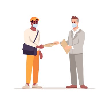 Cerrahi maskeli insanlar yarı düz RGB renk vektörü çizimi yapıyorlar. Cerrahi maskeli teslimatçı ve alıcı beyaz arka plandaki çizgi film karakterlerini izole etti. Evde yalnızlık, koronavirüs salgını.