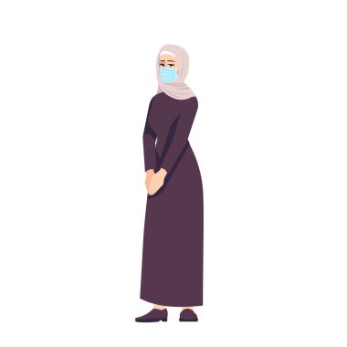Cerrahi maskeli Müslüman kadın yarı düz RGB renk çizimi yapıyor. Genç Arap bayan beyaz arka planda karikatür karakterini izole etti. Covid19 salgını, koronavirüs salgını kişisel koruma