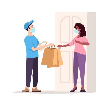 Cerrahi maskeli kurye ve müşteri yarı düz RGB renk vektör çizimi. Teslimatçı çocuk ve kadın, beyaz arka planda karikatür karakterini izole ettiler. Karantinada sipariş verme, covid19 salgını